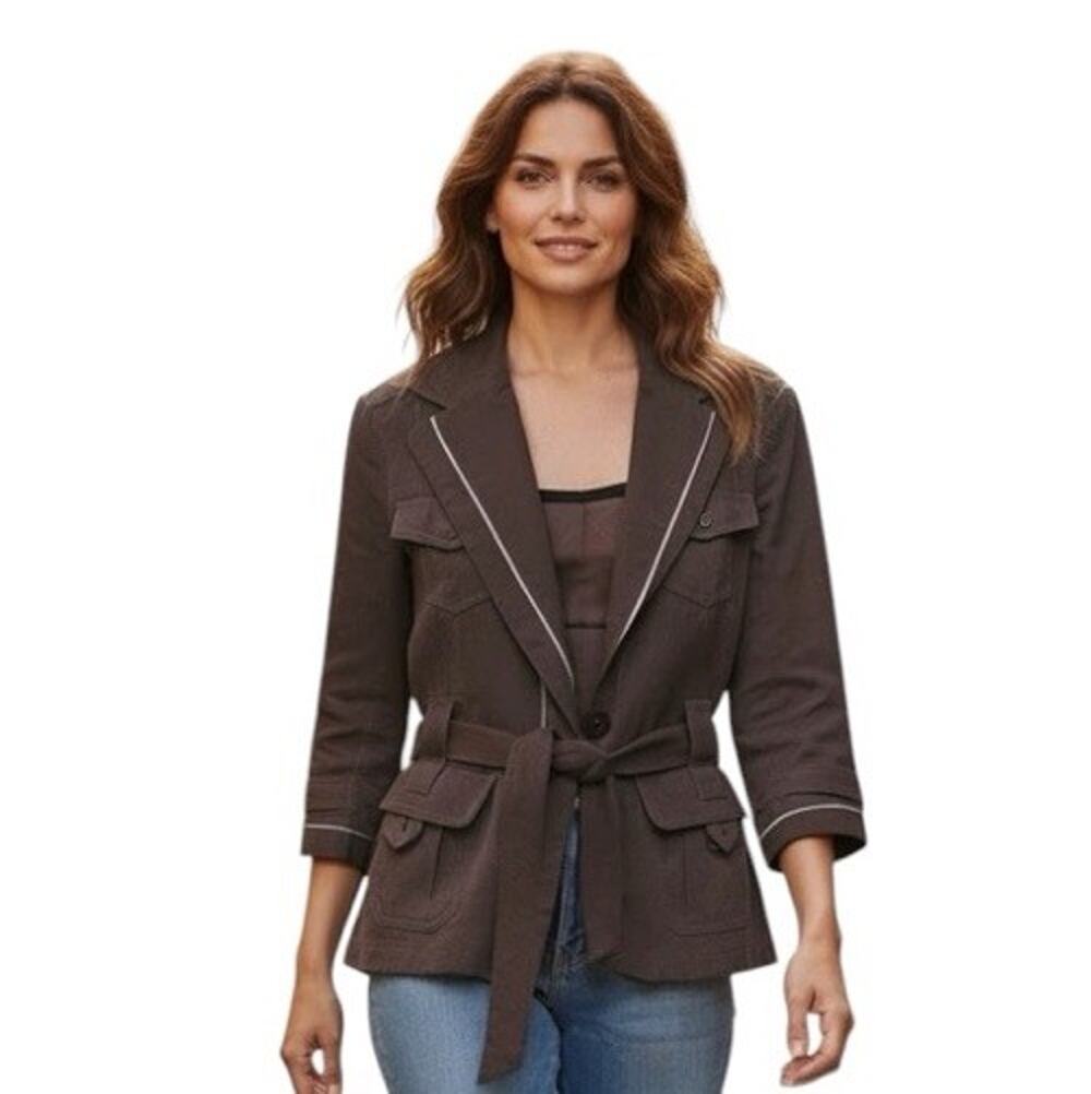 Ann Taylor 100% Linen Jacket Women’s MEDIUM Brown Belted 3/4 Sleeve Lightweight